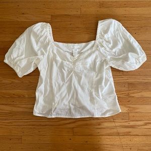 H&M White Puff Sleeve Linen Blend Blouse